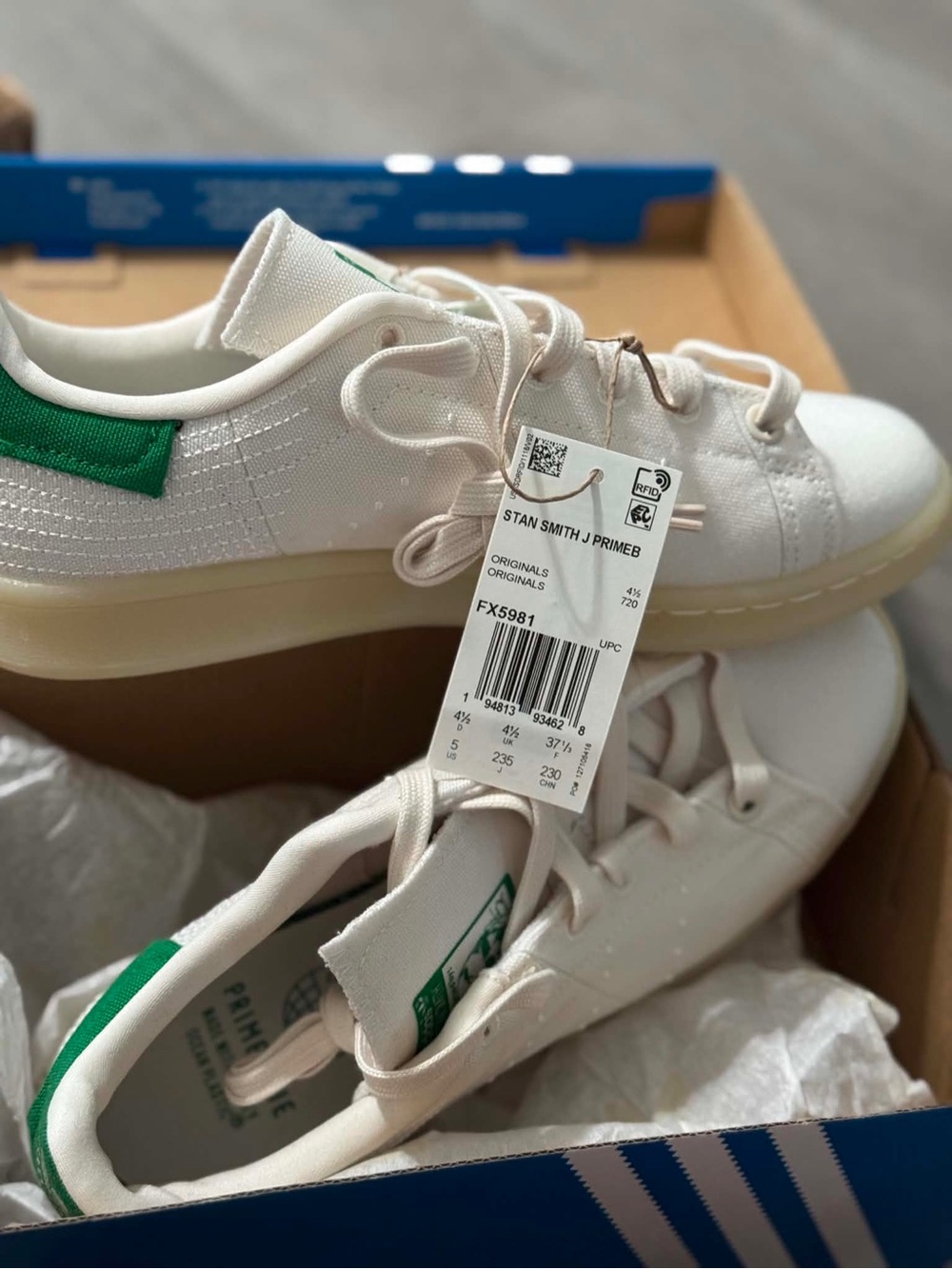adidas Kids Stan Smith J Primer Sneakers - White with Green Heel Tab